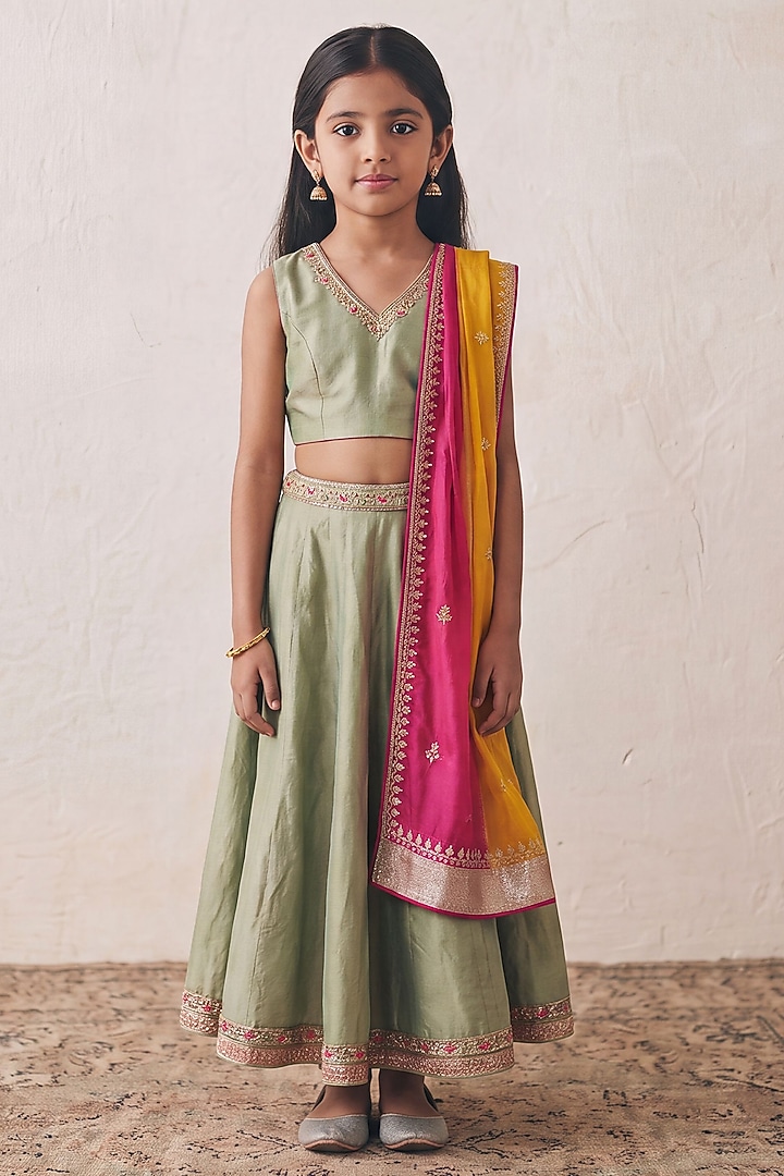 Pista Green Tissue Sequin Embroidered Lehenga Set For Girls by Rashika Mittal Kids at Pernia's Pop Up Shop