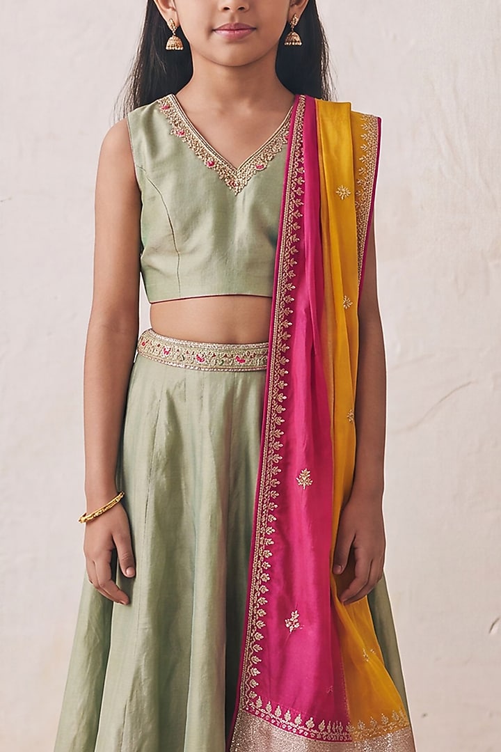 Pista Green Tissue Sequin Embroidered Lehenga Set For Girls by Rashika Mittal Kids at Pernia's Pop Up Shop