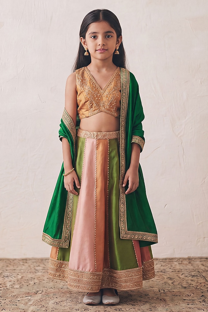 Multicoloured Tissue Jacquard Gota Patti Embroidered Lehenga Set For Girls by Rashika Mittal Kids at Pernia's Pop Up Shop