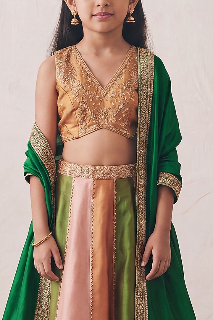 Multicoloured Tissue Jacquard Gota Patti Embroidered Lehenga Set For Girls by Rashika Mittal Kids at Pernia's Pop Up Shop