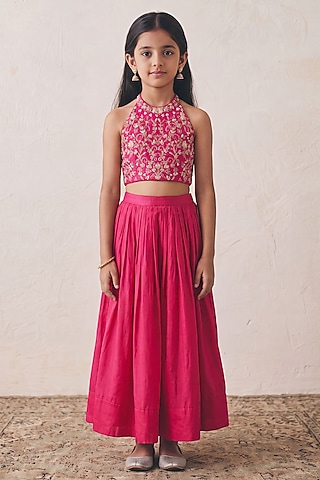 Rani Pink Silk Lehenga Set For Girls by Rashika Mittal Kids
