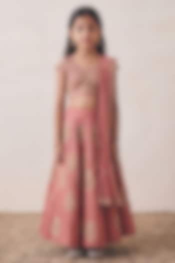 Rosewood Tissue Marodi Embroidered Lehenga Set For Girls by Rashika Mittal Kids at Pernia's Pop Up Shop