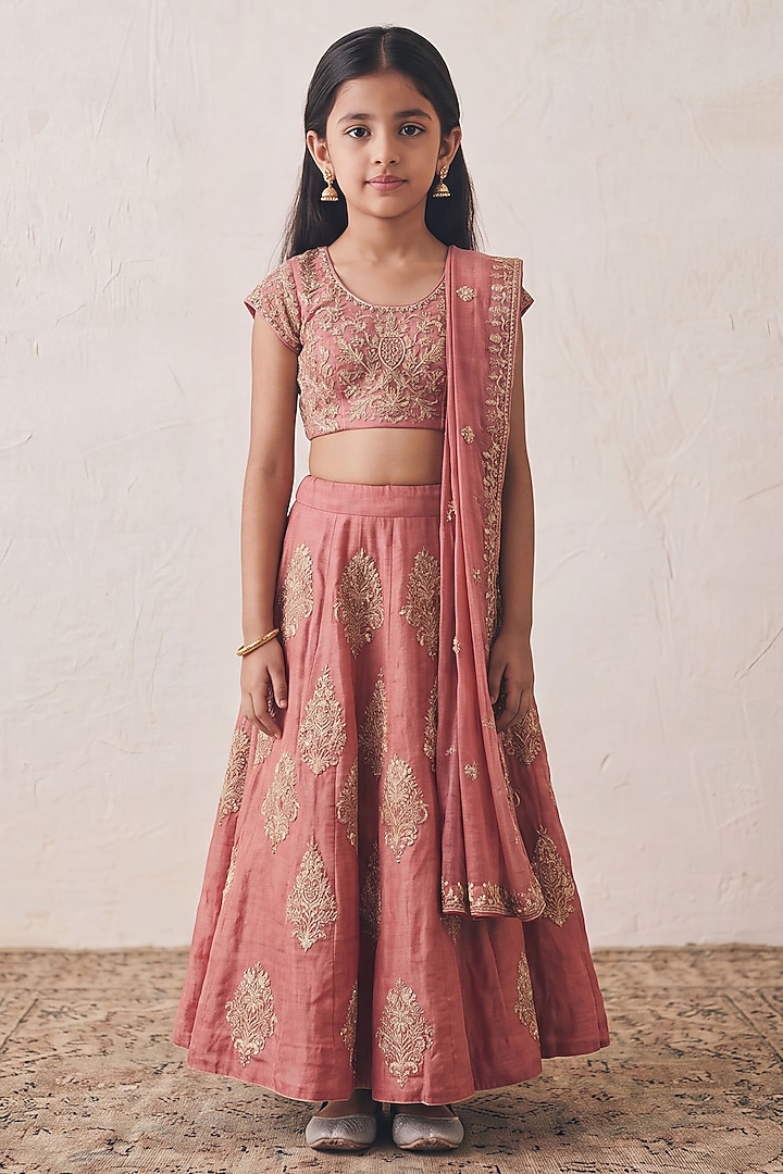 Rosewood Tissue Marodi Embroidered Lehenga Set For Girls by Rashika Mittal Kids at Pernia's Pop Up Shop