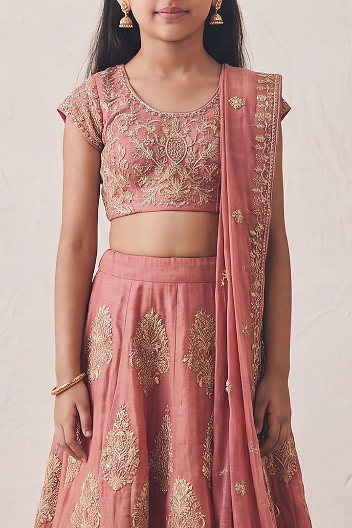 Rosewood Tissue Marodi Embroidered Lehenga Set For Girls by Rashika Mittal Kids at Pernia's Pop Up Shop