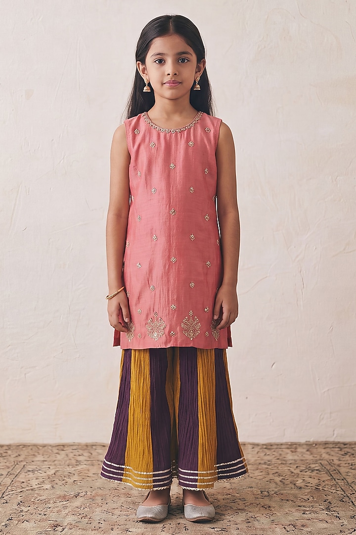 Multi-Colored Chanderi Sharara Set For Girls by Rashika Mittal Kids at Pernia's Pop Up Shop