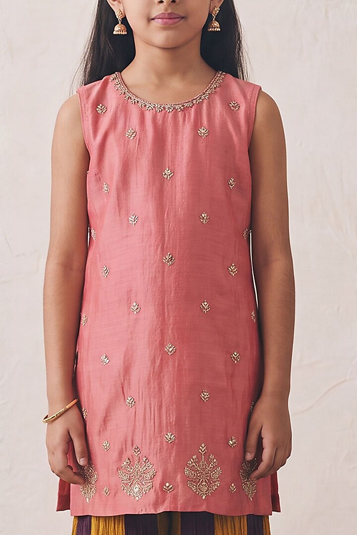 Multi-Colored Chanderi Sharara Set For Girls by Rashika Mittal Kids at Pernia's Pop Up Shop