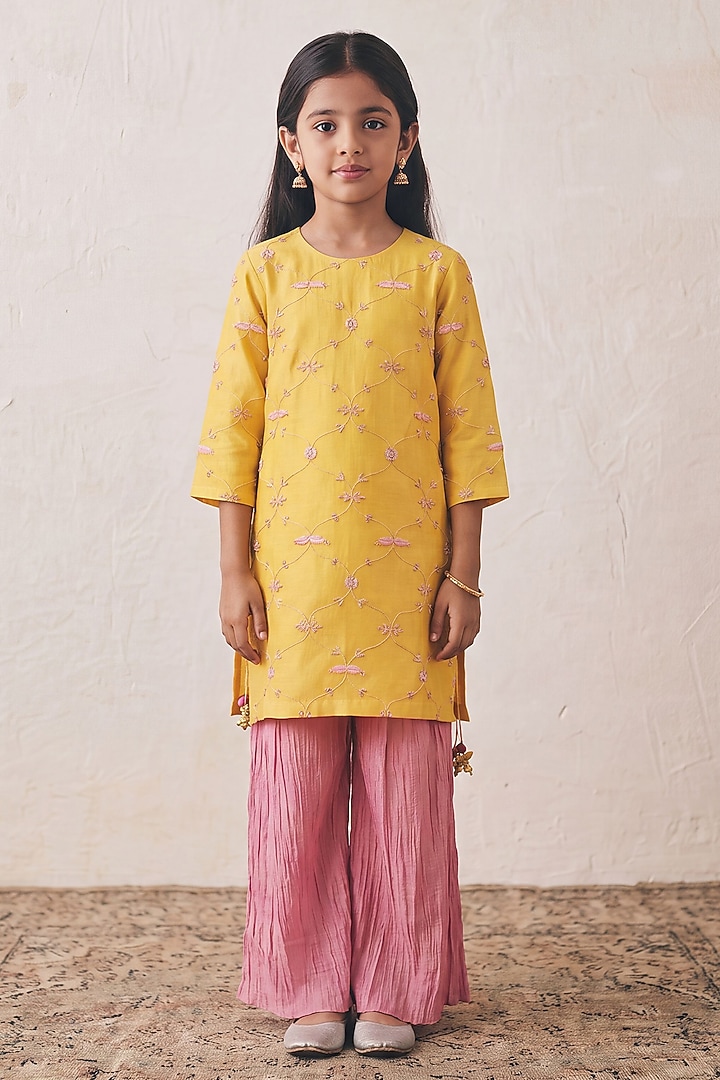 Pink Chanderi Sharara Set For Girls by Rashika Mittal Kids at Pernia's Pop Up Shop