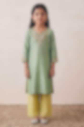 Pista Green Silk Sequin Embroidered Kurta Set For Girls by Rashika Mittal Kids at Pernia's Pop Up Shop