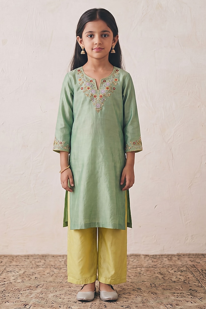 Pista Green Silk Sequin Embroidered Kurta Set For Girls by Rashika Mittal Kids at Pernia's Pop Up Shop
