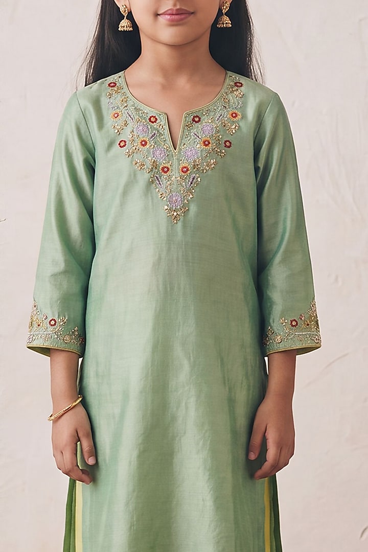 Pista Green Silk Sequin Embroidered Kurta Set For Girls by Rashika Mittal Kids at Pernia's Pop Up Shop