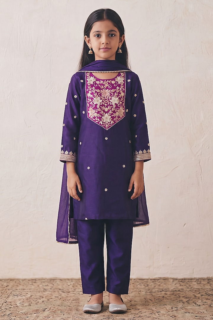 Navy Purple Satin Sequin Embroidered Kurta Set For Girls by Rashika Mittal Kids at Pernia's Pop Up Shop