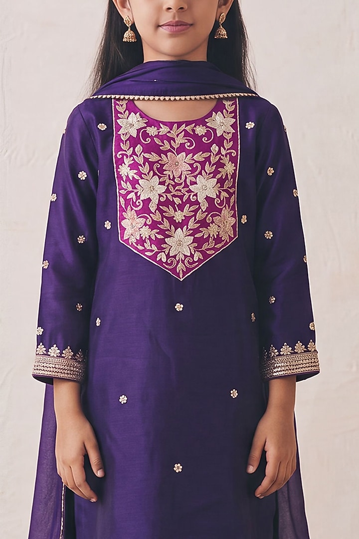 Navy Purple Satin Sequin Embroidered Kurta Set For Girls by Rashika Mittal Kids at Pernia's Pop Up Shop