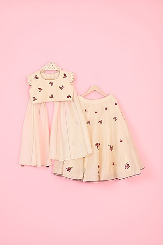 Beige Silk Chanderi Floral Hand Embroidered Lehenga Set For Girls by Mityan