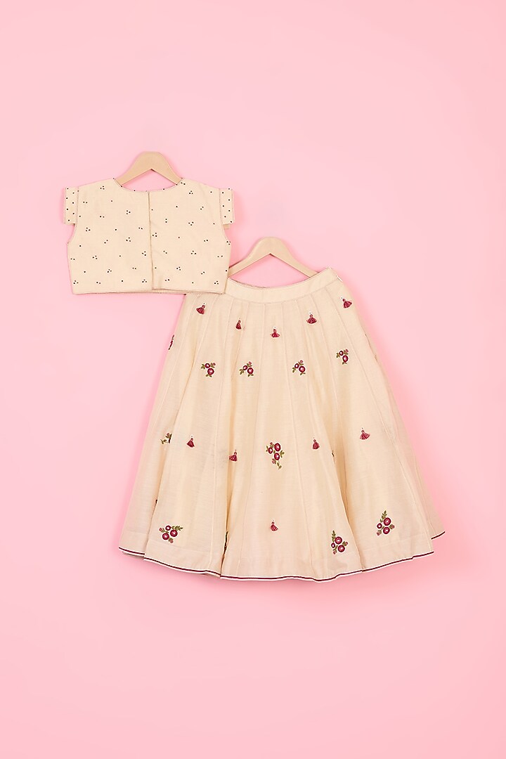 Beige Silk Chanderi Floral Hand Embroidered Lehenga Set For Girls by Mityan at Pernia's Pop Up Shop