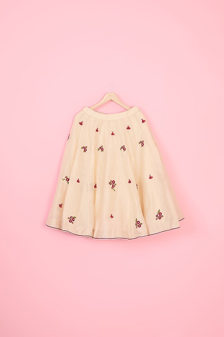 Beige Silk Chanderi Floral Hand Embroidered Lehenga Set For Girls by Mityan at Pernia's Pop Up Shop