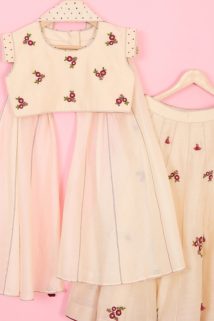 Beige Silk Chanderi Floral Hand Embroidered Lehenga Set For Girls by Mityan at Pernia's Pop Up Shop