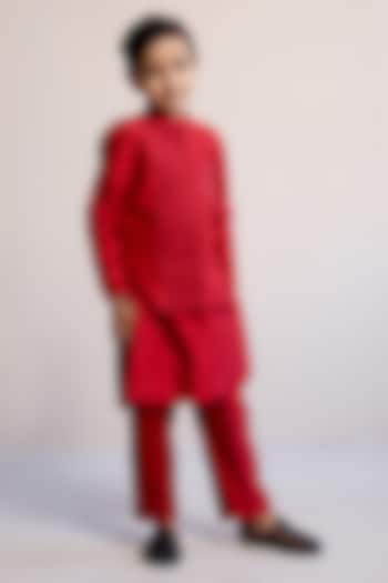 Red Cotton Embroidered Nehru Jacket Set For Boys by Mityan at Pernia's Pop Up Shop