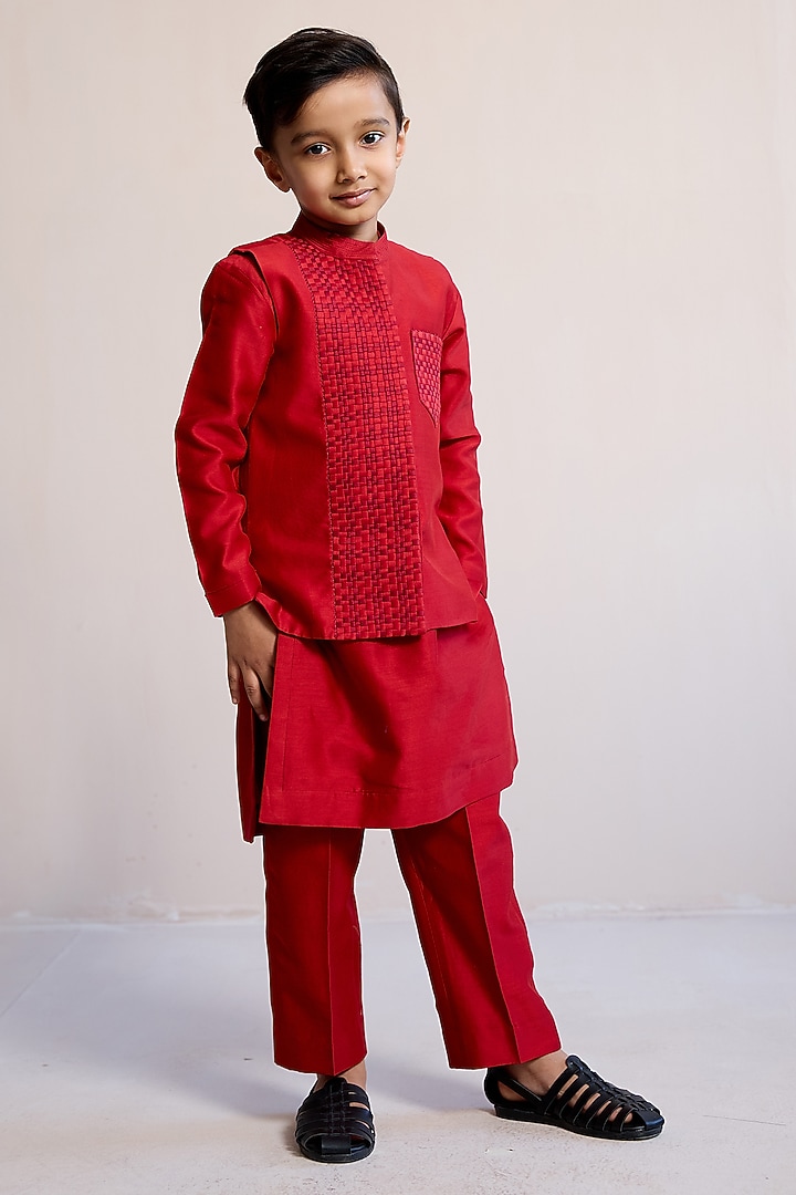Red Cotton Embroidered Nehru Jacket Set For Boys by Mityan at Pernia's Pop Up Shop