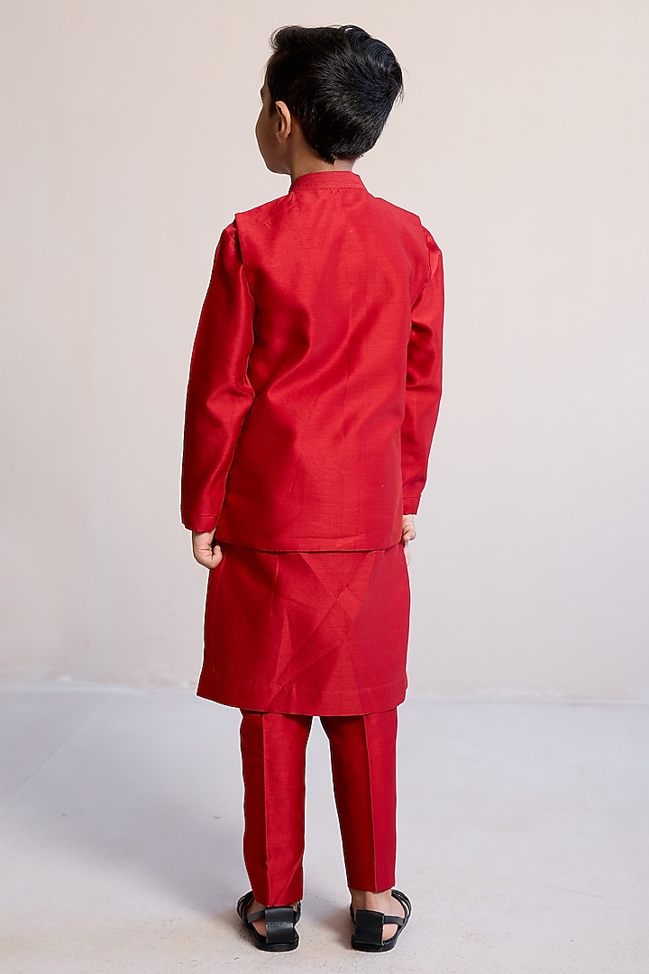 Red Cotton Embroidered Nehru Jacket Set For Boys by Mityan at Pernia's Pop Up Shop