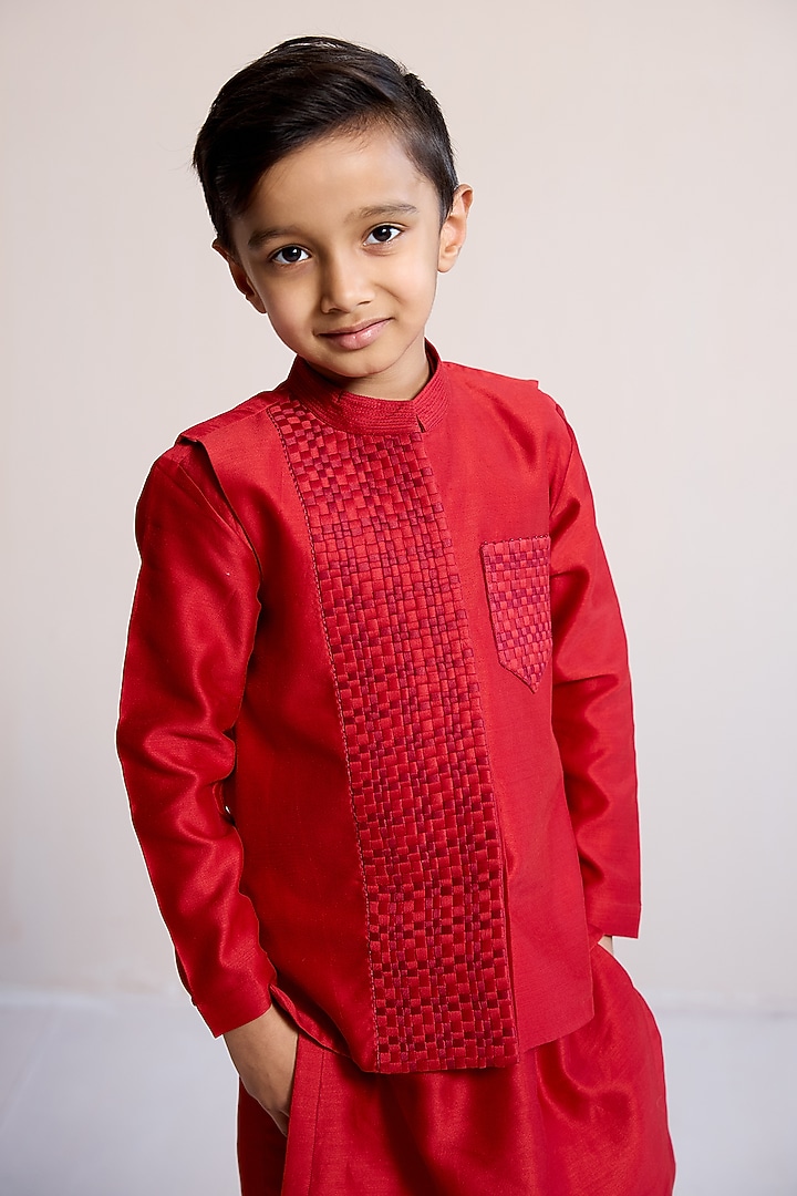 Red Cotton Embroidered Nehru Jacket Set For Boys by Mityan at Pernia's Pop Up Shop