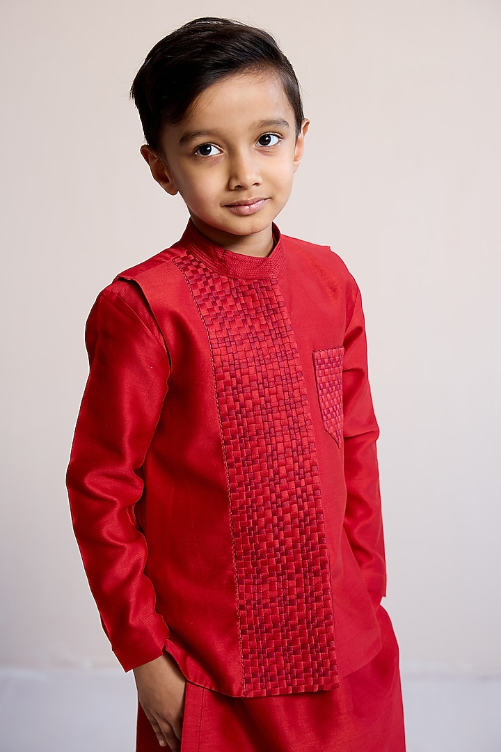 Red Cotton Embroidered Nehru Jacket Set For Boys by Mityan at Pernia's Pop Up Shop
