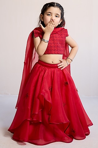 Red Organza Lehenga Set For Girls by Mityan