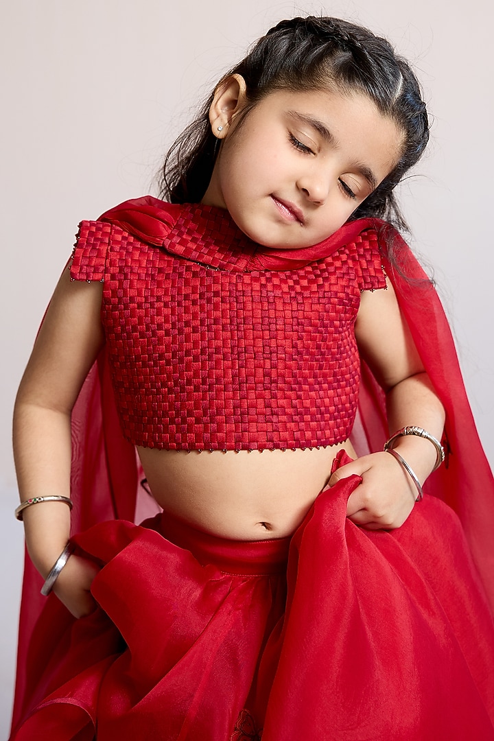 Red Organza Lehenga Set For Girls by Mityan at Pernia's Pop Up Shop