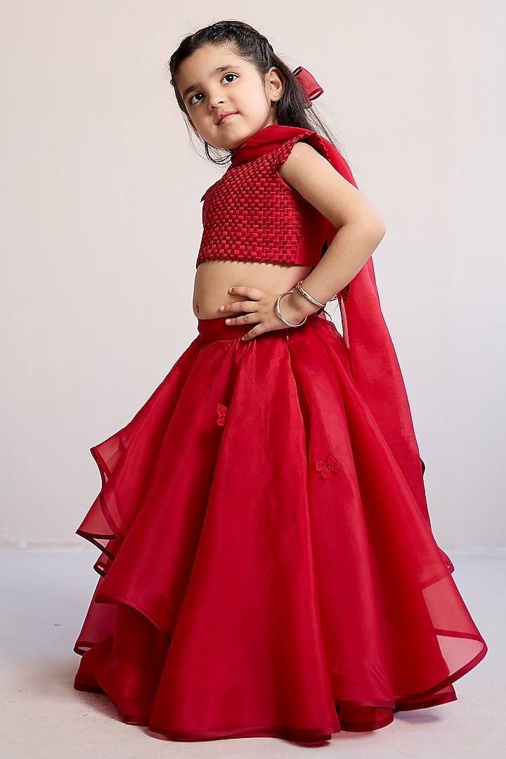 Red Organza Lehenga Set For Girls by Mityan at Pernia's Pop Up Shop