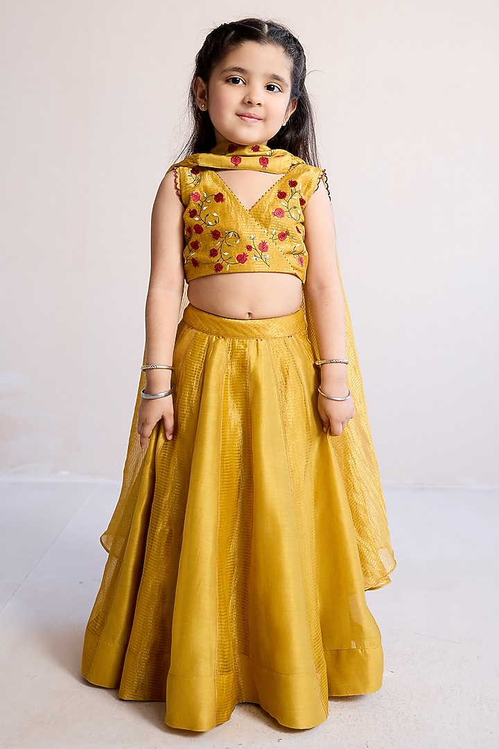 Yellow Zari & Silk Chanderi Lehenga Set For Girls by Mityan at Pernia's Pop Up Shop