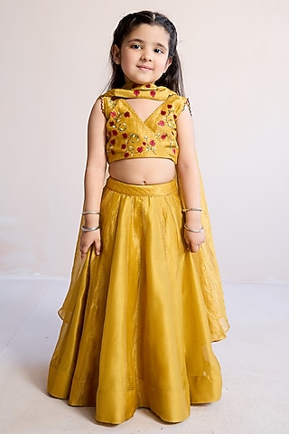 Yellow Zari & Silk Chanderi Lehenga Set For Girls by Mityan
