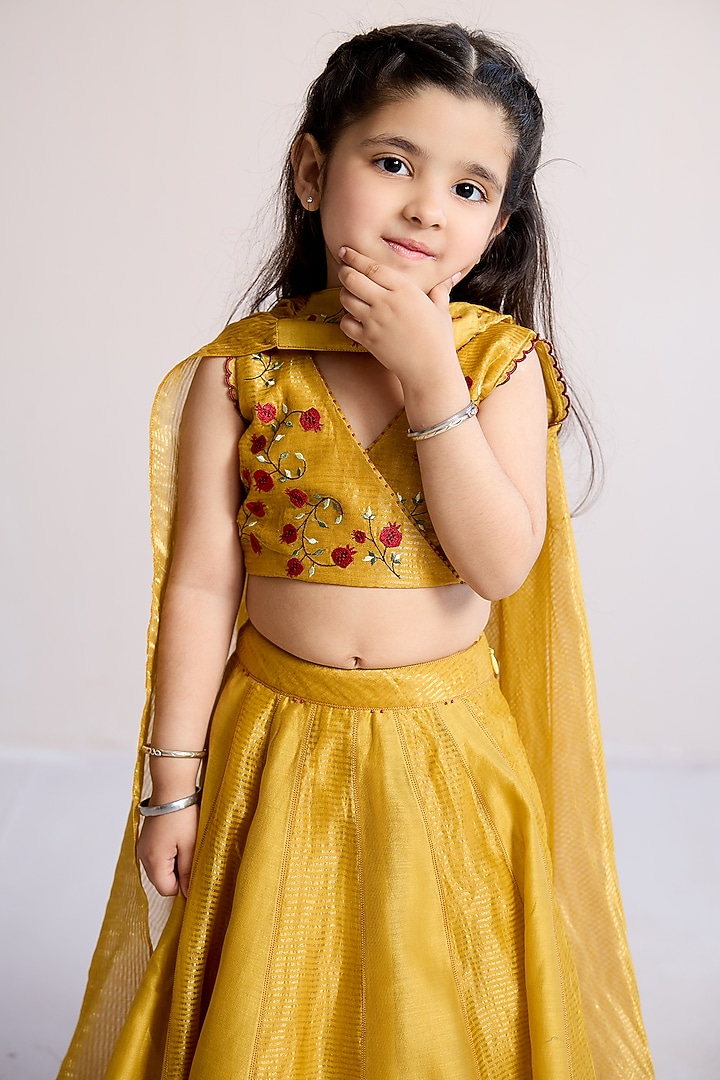 Yellow Zari & Silk Chanderi Lehenga Set For Girls by Mityan at Pernia's Pop Up Shop