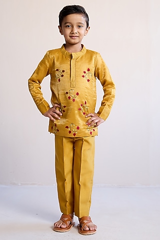 Yellow Zari & Silk Chanderi Embroidered Kurta Set For Boys by Mityan