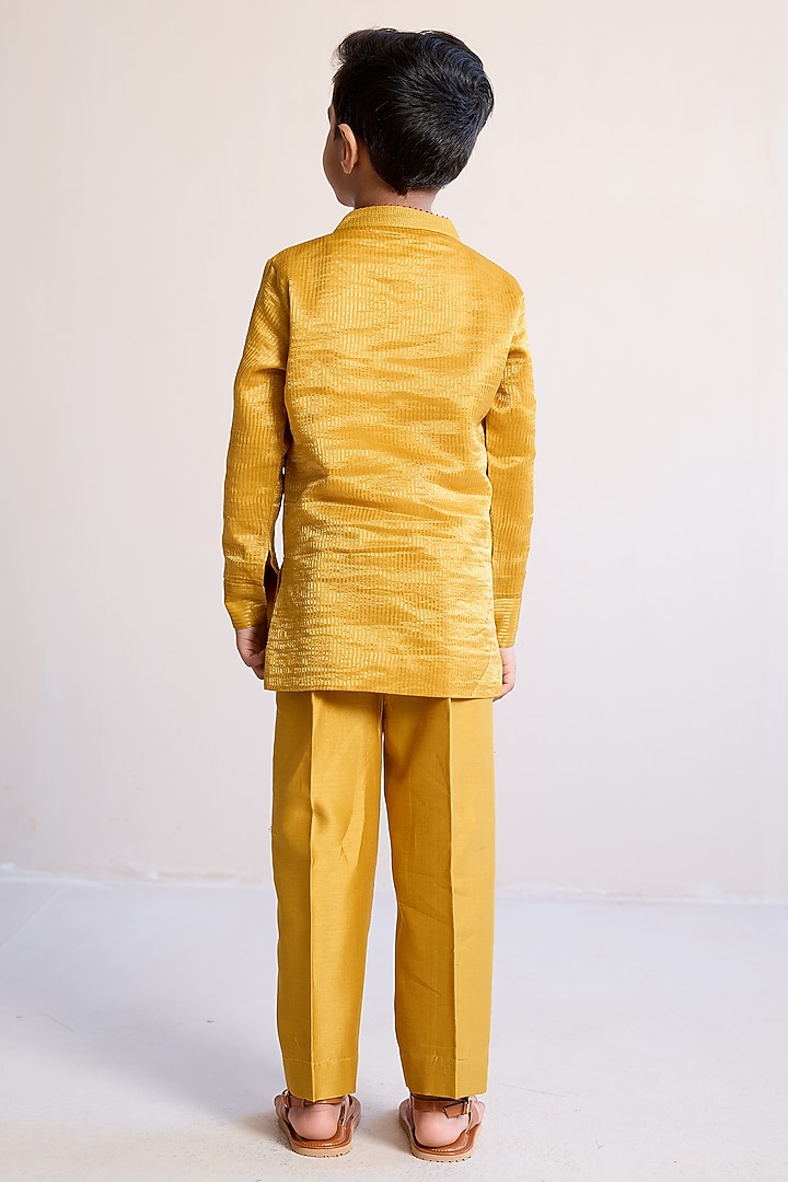 Yellow Zari & Silk Chanderi Embroidered Kurta Set For Boys by Mityan at Pernia's Pop Up Shop