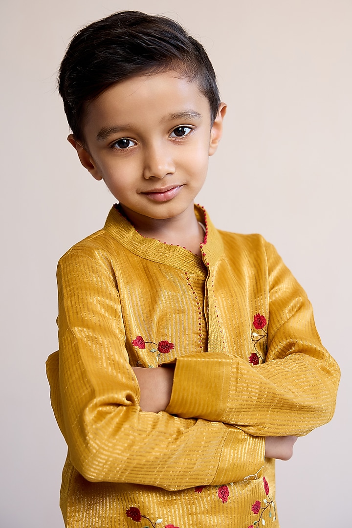 Yellow Zari & Silk Chanderi Embroidered Kurta Set For Boys by Mityan at Pernia's Pop Up Shop