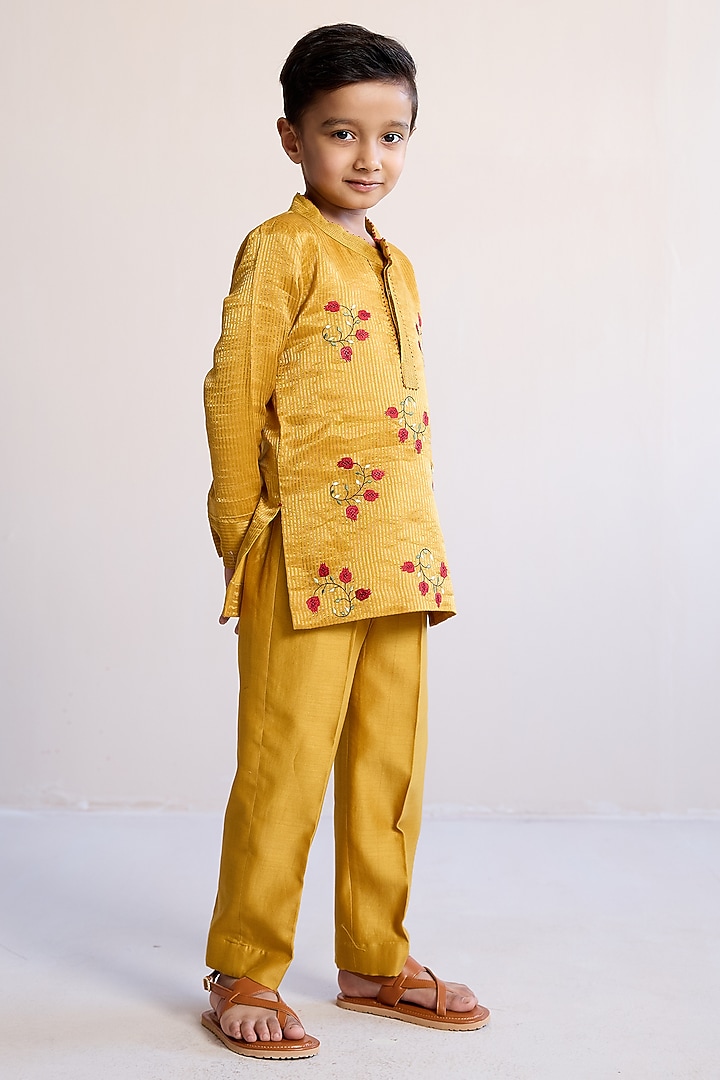 Yellow Zari & Silk Chanderi Embroidered Kurta Set For Boys by Mityan at Pernia's Pop Up Shop