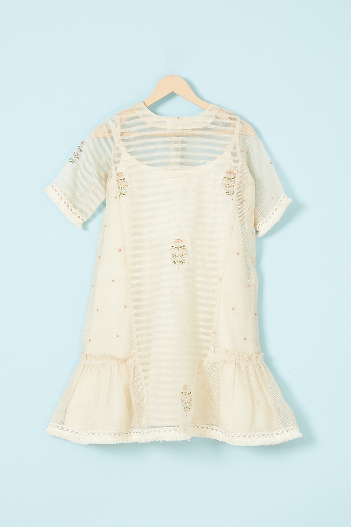 Beige Jute Silk Printed Dress For Girls by Mityan at Pernia's Pop Up Shop