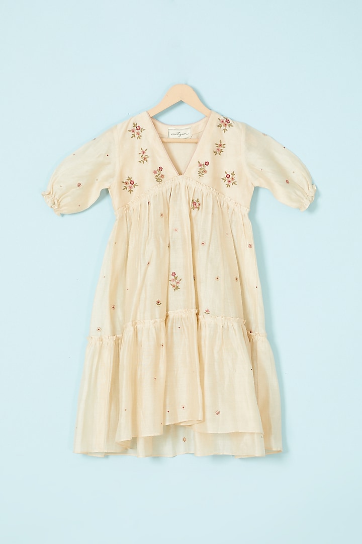 Beige Silk Chanderi Embroidered Dress For Girls by Mityan