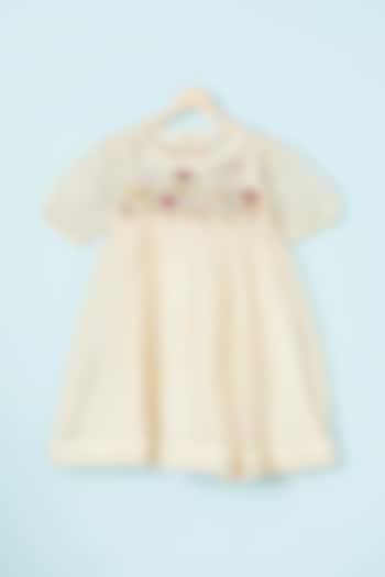 Beige Jute Silk Embroidered Dress For Girls by Mityan