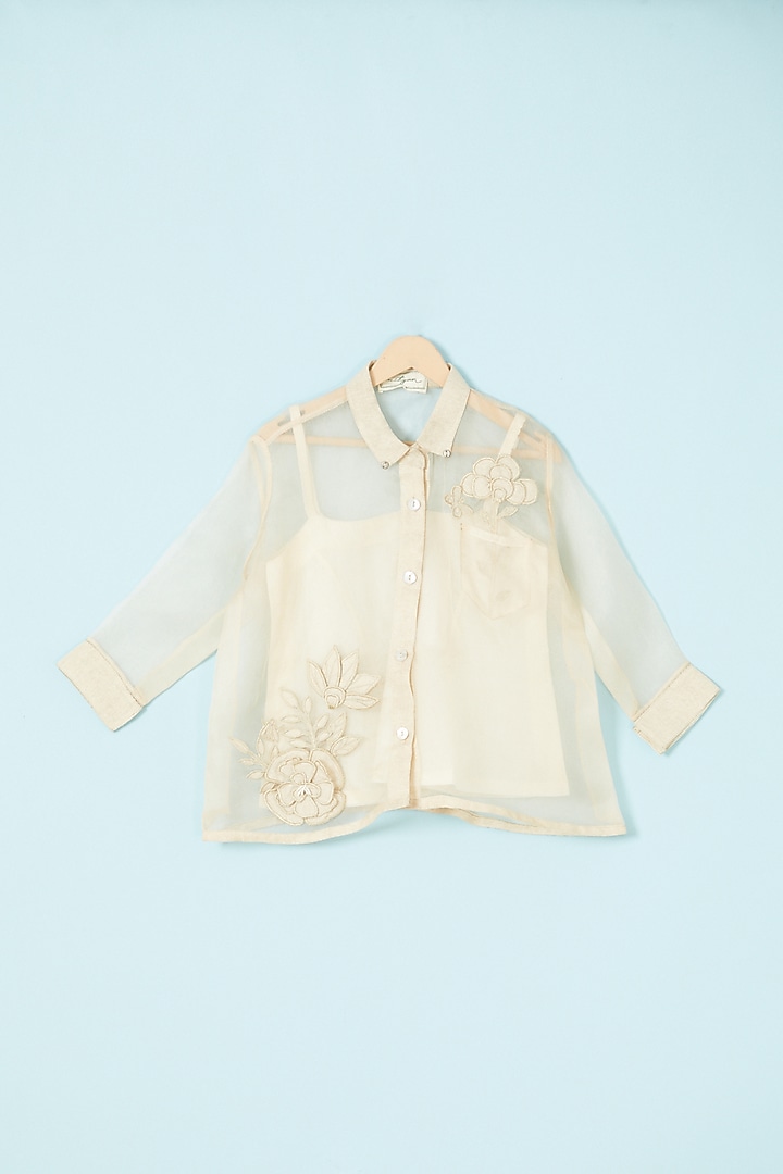 Beige Silk Organza & Jute Silk Embroidered Shirt For Girls by Mityan
