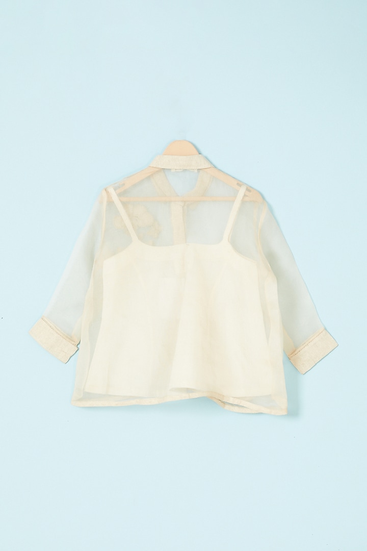 Beige Silk Organza & Jute Silk Embroidered Shirt For Girls by Mityan at Pernia's Pop Up Shop