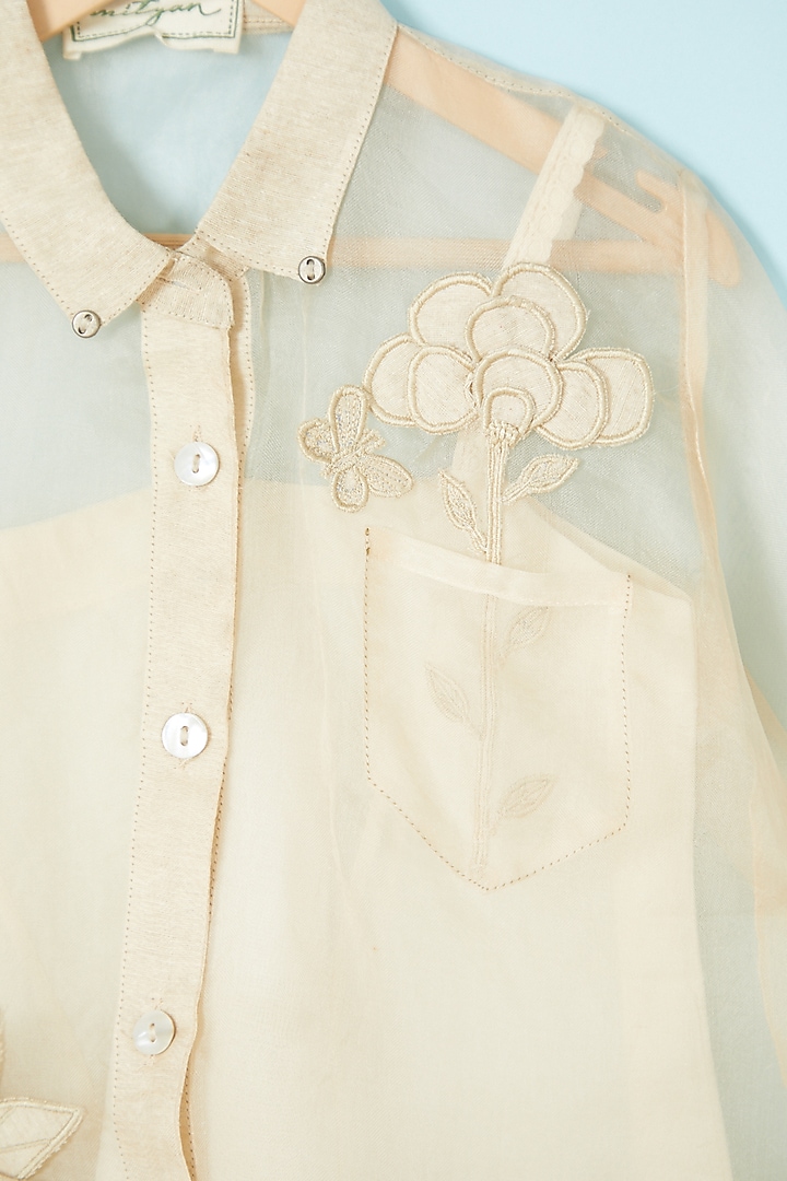 Beige Silk Organza & Jute Silk Embroidered Shirt For Girls by Mityan at Pernia's Pop Up Shop