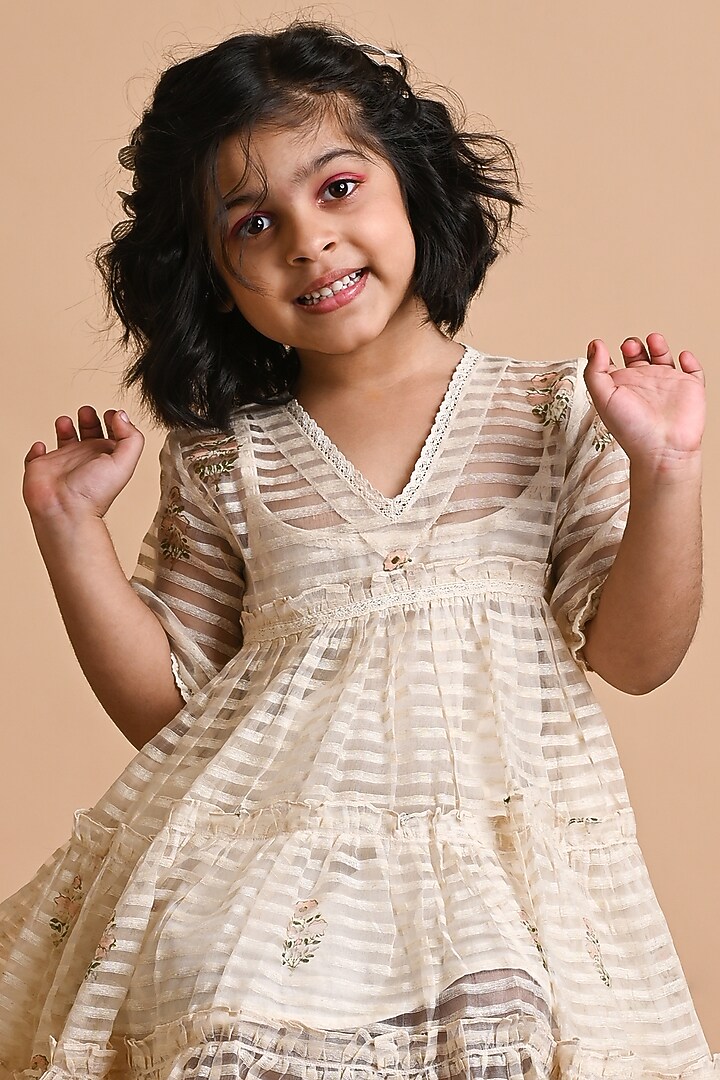Ivory Jute Silk Hand Block Printed Frock For Girls by Mityan at Pernia's Pop Up Shop