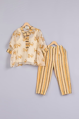 Yellow Silk Organza Hand Block Printed Co-Ord Set For Girls by Mityan