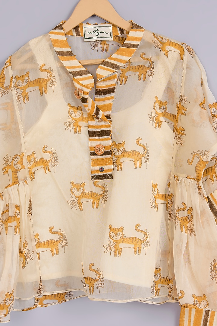 Yellow Silk Organza Hand Block Printed Co-Ord Set For Girls by Mityan at Pernia's Pop Up Shop