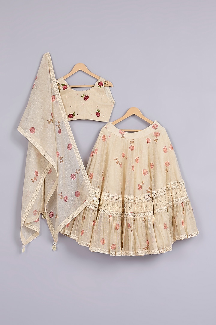 Beige Jute Silk Hand Block Printed Lehenga Set For Girls by Mityan at Pernia's Pop Up Shop