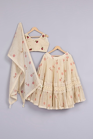 Beige Jute Silk Hand Block Printed Lehenga Set For Girls by Mityan