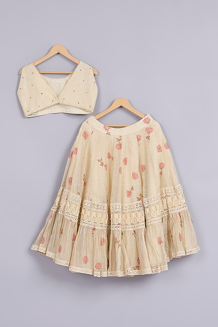 Beige Jute Silk Hand Block Printed Lehenga Set For Girls by Mityan at Pernia's Pop Up Shop