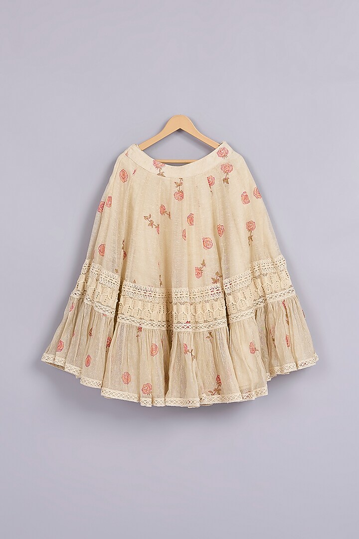 Beige Jute Silk Hand Block Printed Lehenga Set For Girls by Mityan at Pernia's Pop Up Shop