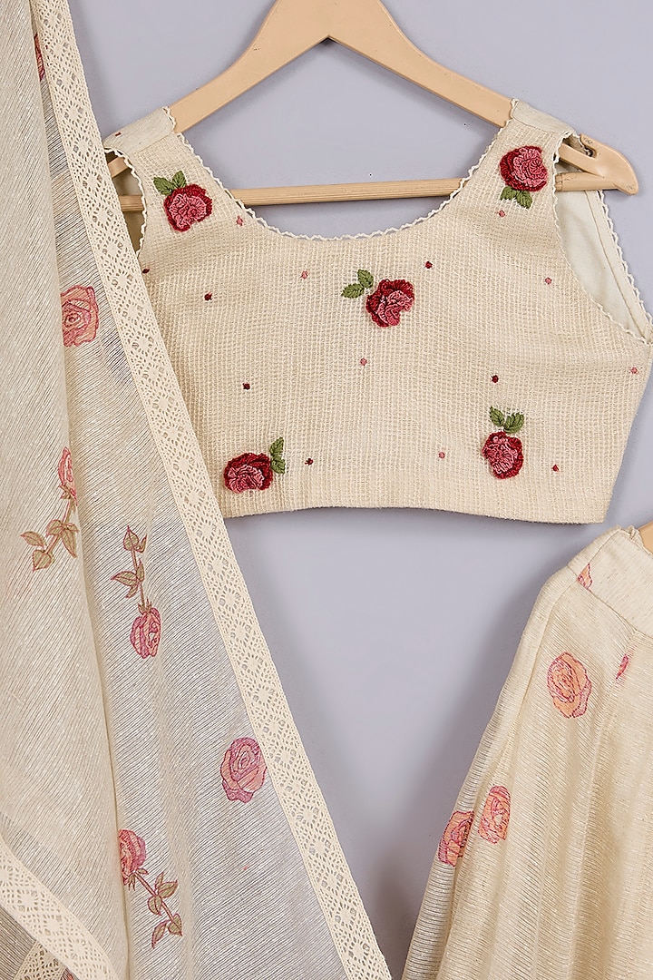 Beige Jute Silk Hand Block Printed Lehenga Set For Girls by Mityan at Pernia's Pop Up Shop