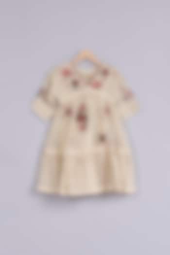 Beige Jute Silk Floral Embroidered Dress For Girls by Mityan at Pernia's Pop Up Shop